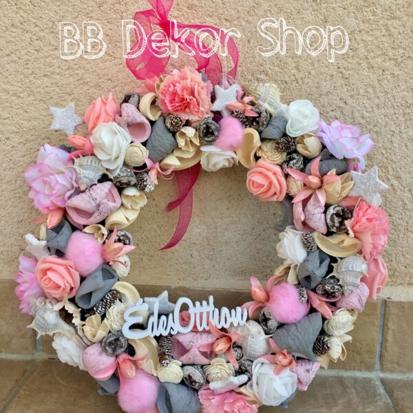 Tavaszi szürke – rózsaszín virágos kopogtató Kopogtatók - Ajtódíszek Tavaszi szürke - rózsaszín virágos kopogtató