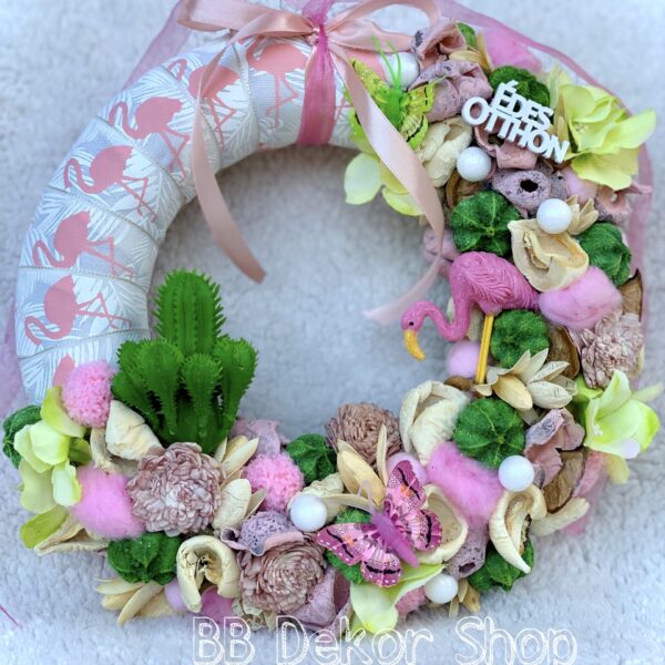 Rózsaszín – zöld kaktuszos – flamingós tavaszi / nyári ajtódísz / kopogtató ??? Tavaszi - Nyári Lakásdíszek Rózsaszín - zöld kaktuszos - flamingós tavaszi / nyári ajtódísz / kopogtató ???