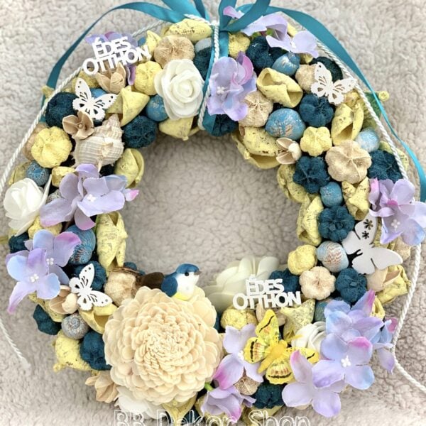 Tavaszi-nyári sárga-kék madárkás kopogtató Kopogtatók - Ajtódíszek Tavaszi húsvéti ajtódísz kopogtató