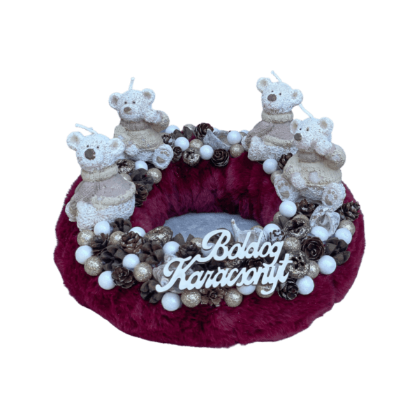 Bordó – Pezsgő – Barna Mackós Adventi Koszorú Adventi Koszorúk, Boxok Bordó - Pezsgő - Barna Mackós Adventi Koszorú