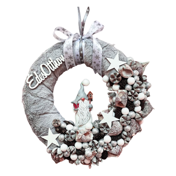Szürke – fehér manós ajtódísz, kopogató Karácsony / Tél Szürke - fehér manós ajtódísz, kopogató