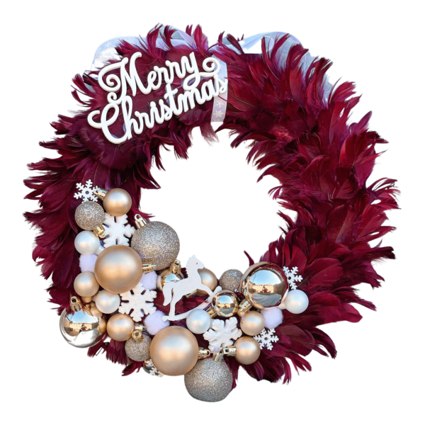 Bordó tollas kopogtató, ajtódísz Karácsony / Tél Bordó tollas kopogtató, ajtódísz