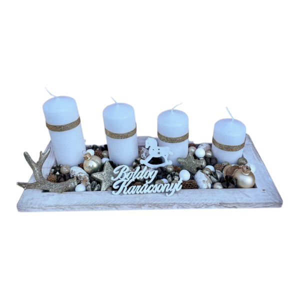 Fehér – arany adventi tál Adventi Koszorúk, Boxok Fehér - arany adventi tál