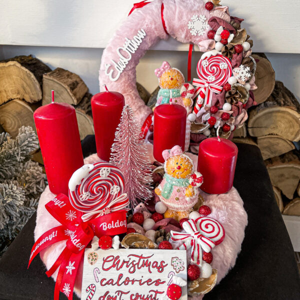 Rózsaszín Mézis Adventi Koszorú + Kopogtató Szett