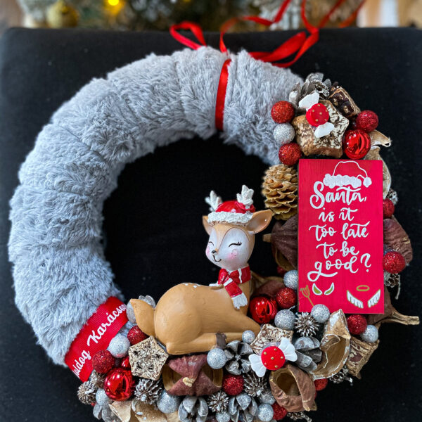 Szürke - Piros Rudolf Adventi Koszorú + Kopogtató Szett