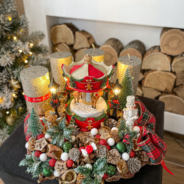 Prémium Világító Adventi Koszorú/Asztaldísz (2 az 1-ben) Zenélő Körhintával